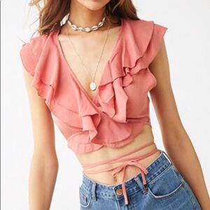 Superdown Pink Ruffle Wrap Crop Top